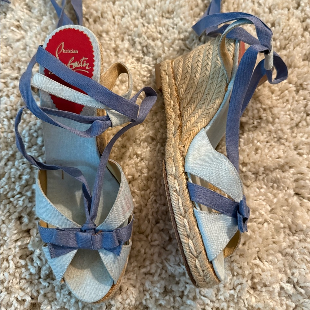 CHRISTIAN LOUBOUTIN Cataribbon Blue Ribbon Leather Rope Espadrille Wedge Heel